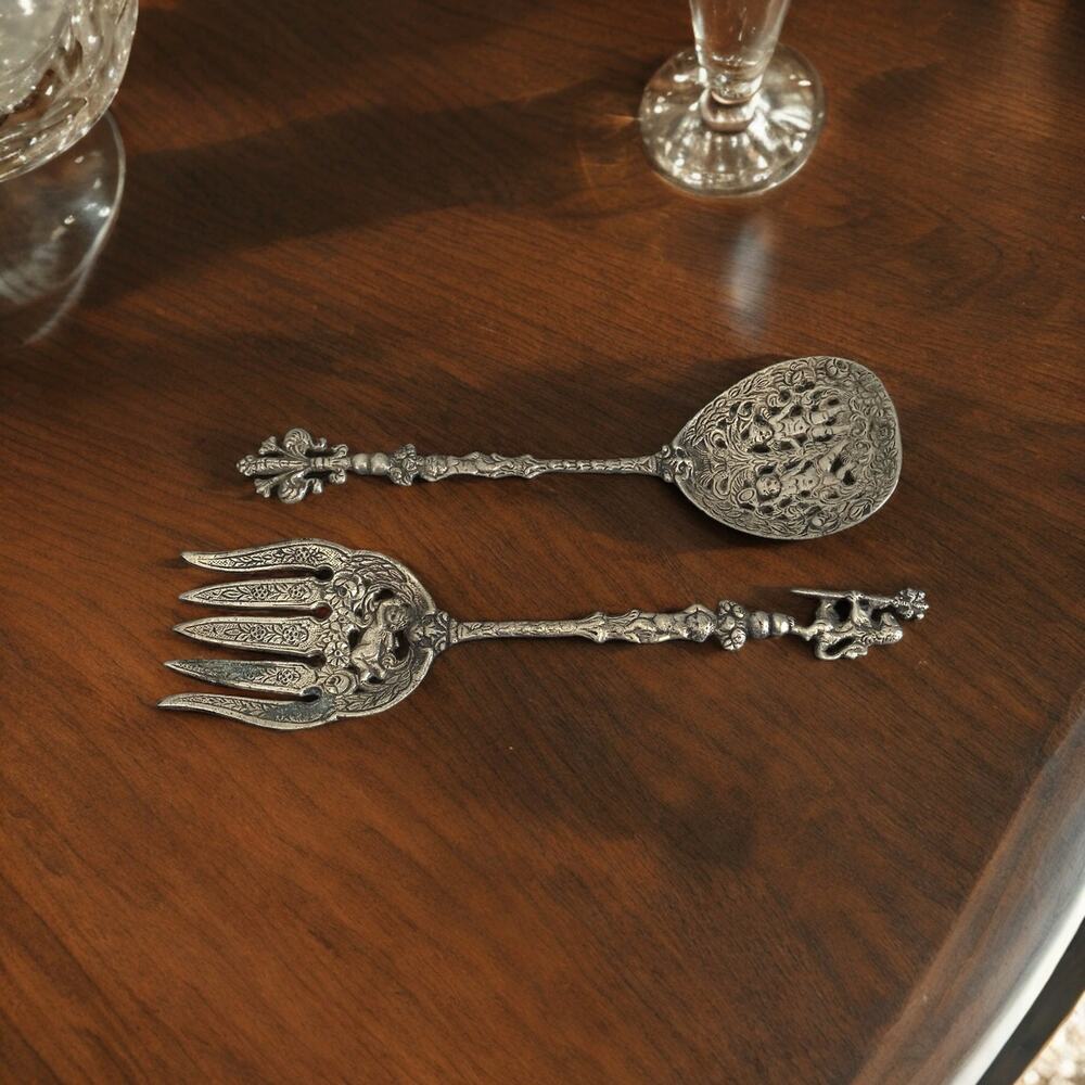 Ugo Bellini Set Of 2 Italian Ornate Metal Serving Fork Spoon Baroque Cherub Lion